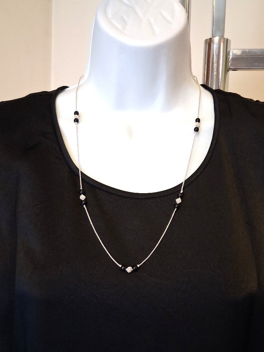 Vintage Classic Black Beaded Silver-Plated Choker Link Chain Necklace Jewelry